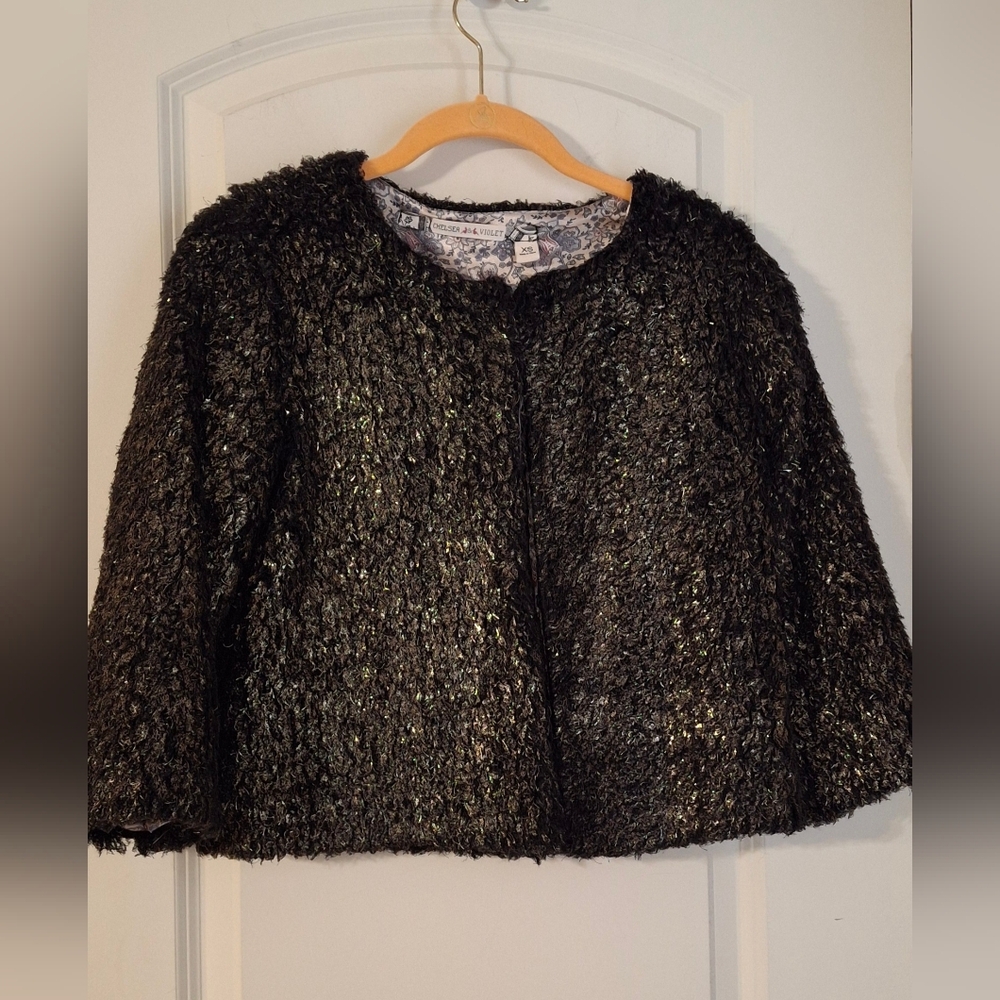 Chelsea & Violet Black Gold Playing With Fire‎ Fuzzy Sweater Bolero Jacket XS